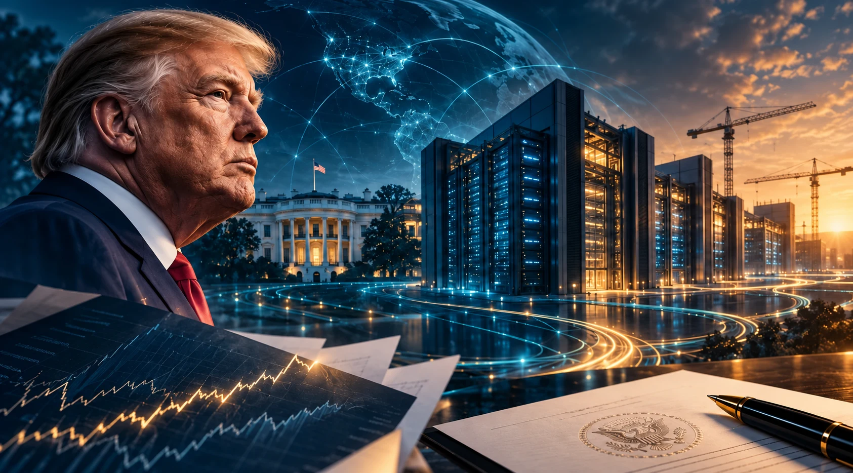Editorial illustration of Trump, data centers, stock trading and an executive order